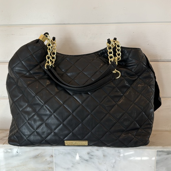 Betsy Johnson Large Black Quilted Sequin Polka Dot Bow Tote Bag - Picture 4 of 14